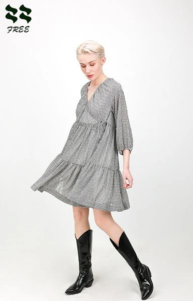 Armbånd Sleeve Check Printed Tiered Wrap Dress Leverandør